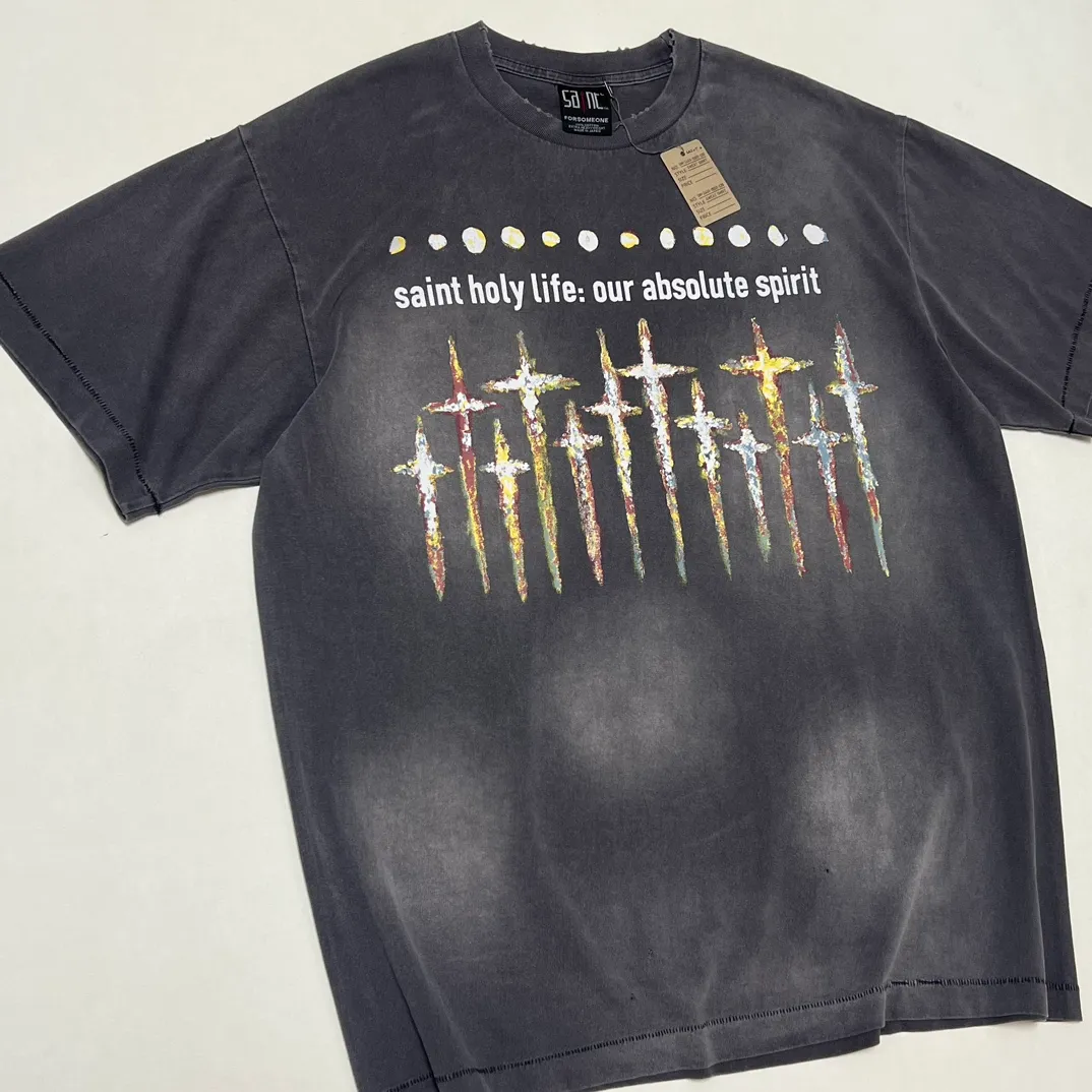 Customized main mark Washing mark SAINT MICHAEL x FORSOMEONE GOD SS TEE/BLACK Nine-inch nail washed and distressed short sleeves Washed black S-XL Ready-made garments dyed distressed and holed Top purchasing level